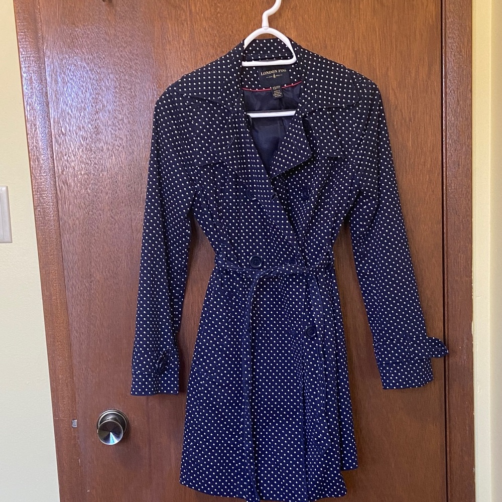 London Fog Navy and White Polka Dot Trench Coat